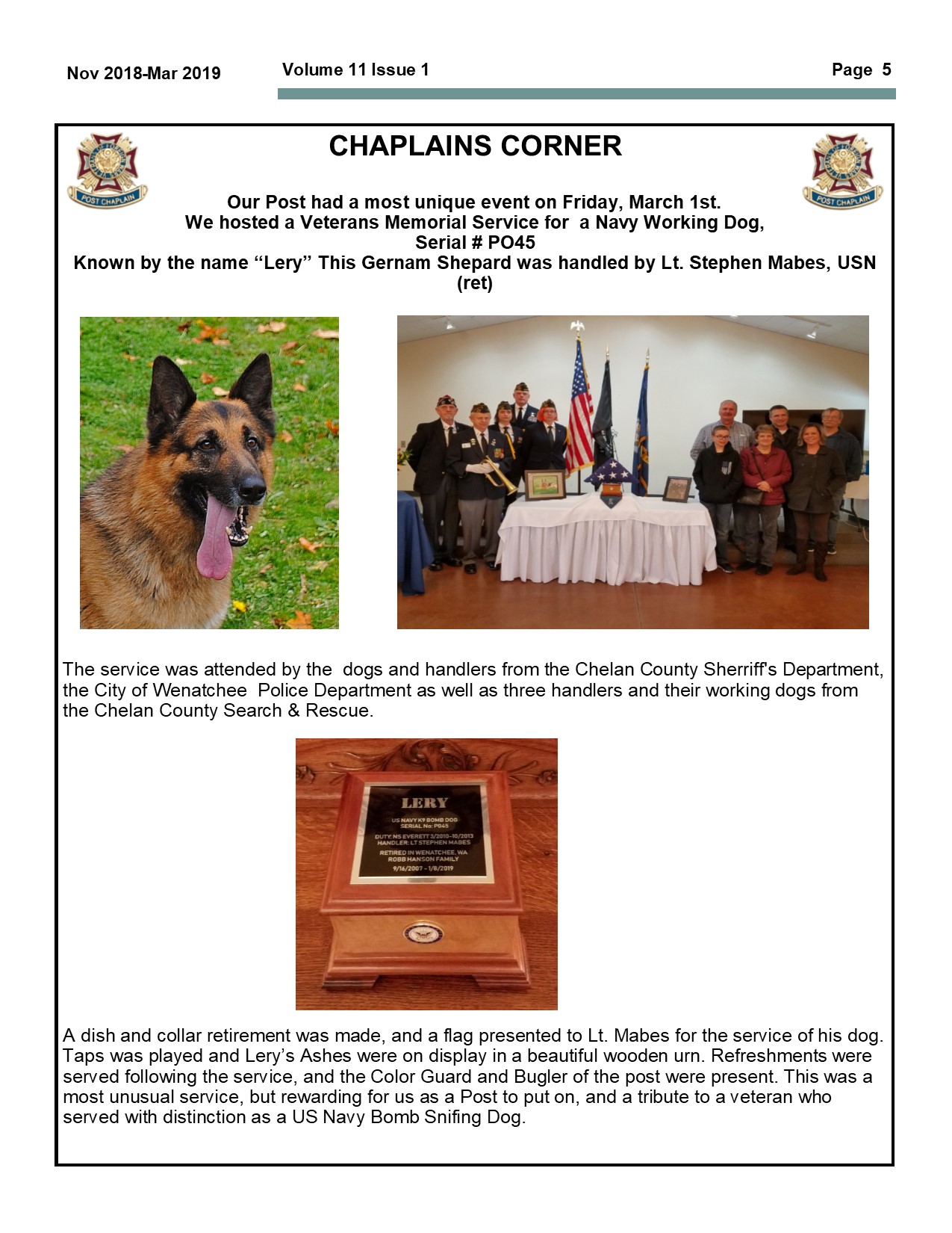 photos and story of memorial for USN K9 Lery