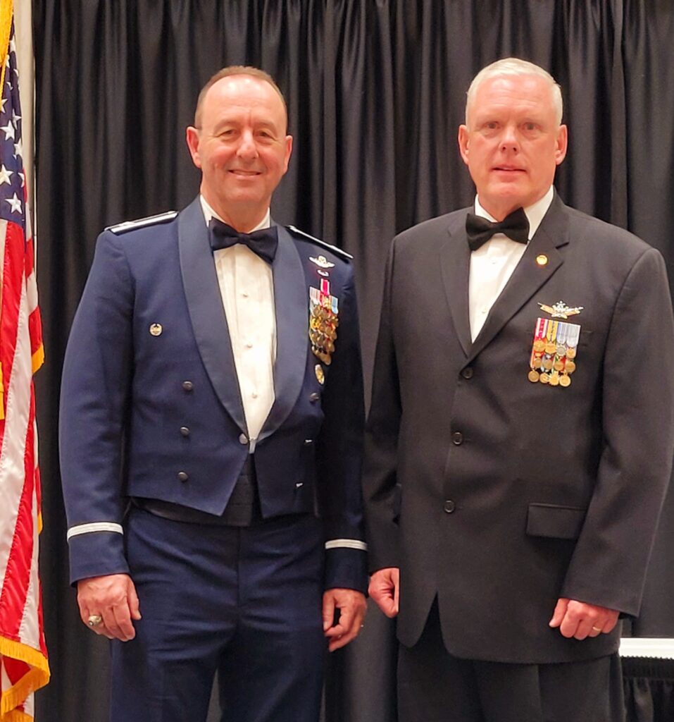Ret. Air Force Col. Ben Akins, WHS AFJROTC Program lead and VFW Member, with Post Commander Brad Pieratt, each in their respective dress uniforms.