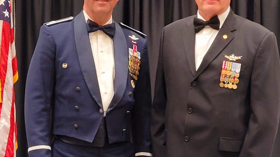 Ret. Air Force Col. Ben Akins, WHS AFJROTC Program lead and VFW Member, with Post Commander Brad Pieratt, each in their respective dress uniforms.