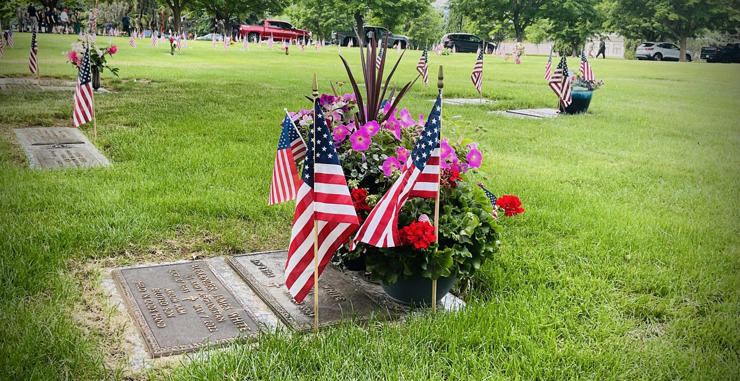Pink and red flowers and small US flags on a gravestone in a cemetery. Additional headstones and US flags are seen in the green grass background.