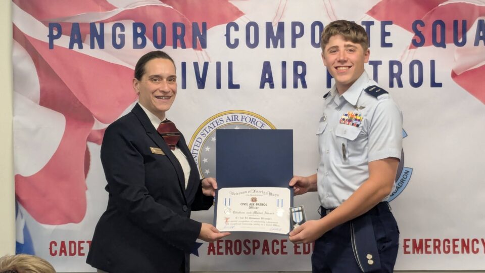 Sarah Simonson presents VFW CAP Cadet Officer Citation to Dawson Brender.