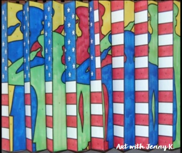 patriotic art featuring slices of an American flag alternating with slices of military silhouettes saluting.